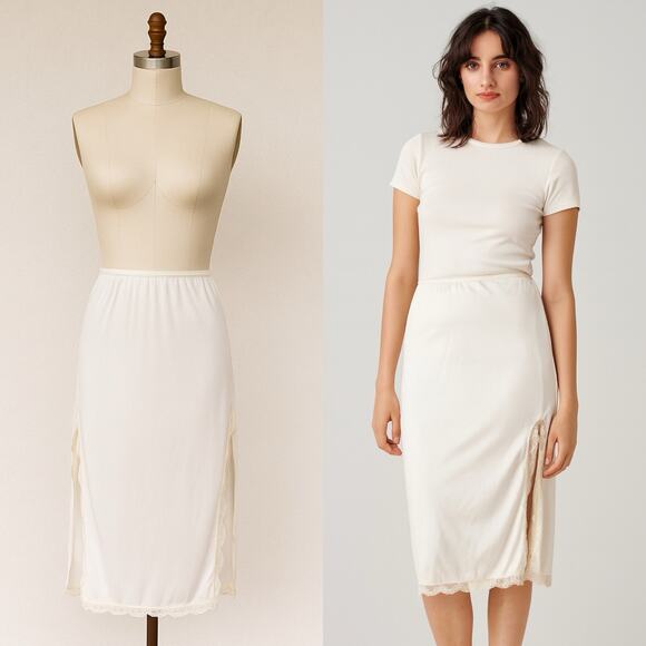 Vintage 80s Parisian Maid Cream Lace Skirt half Slip Small - Picture 1 of 6